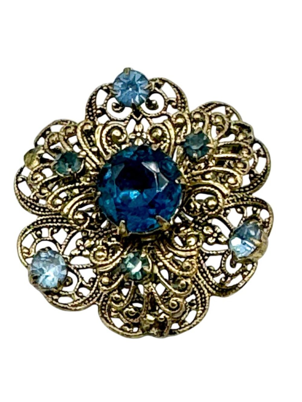 Vintage Filigree Floral Brooch w/ Prong Set Blue Glass Gold Tone Stacked 1.5" - Picture 7 of 8